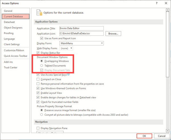 Access optoins from showing current database