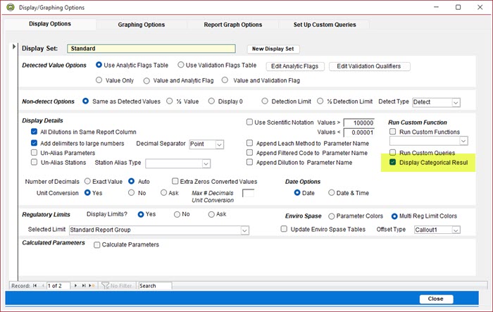 Displaying Cat. Results selection in Display Options