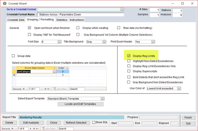 display reg limits in crosstab