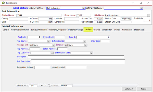 Stations Edit Geology Form