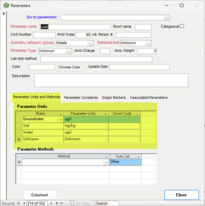 Parameter Units section of the Parameters form to Set Matrix