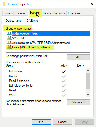 enviro folder properites security